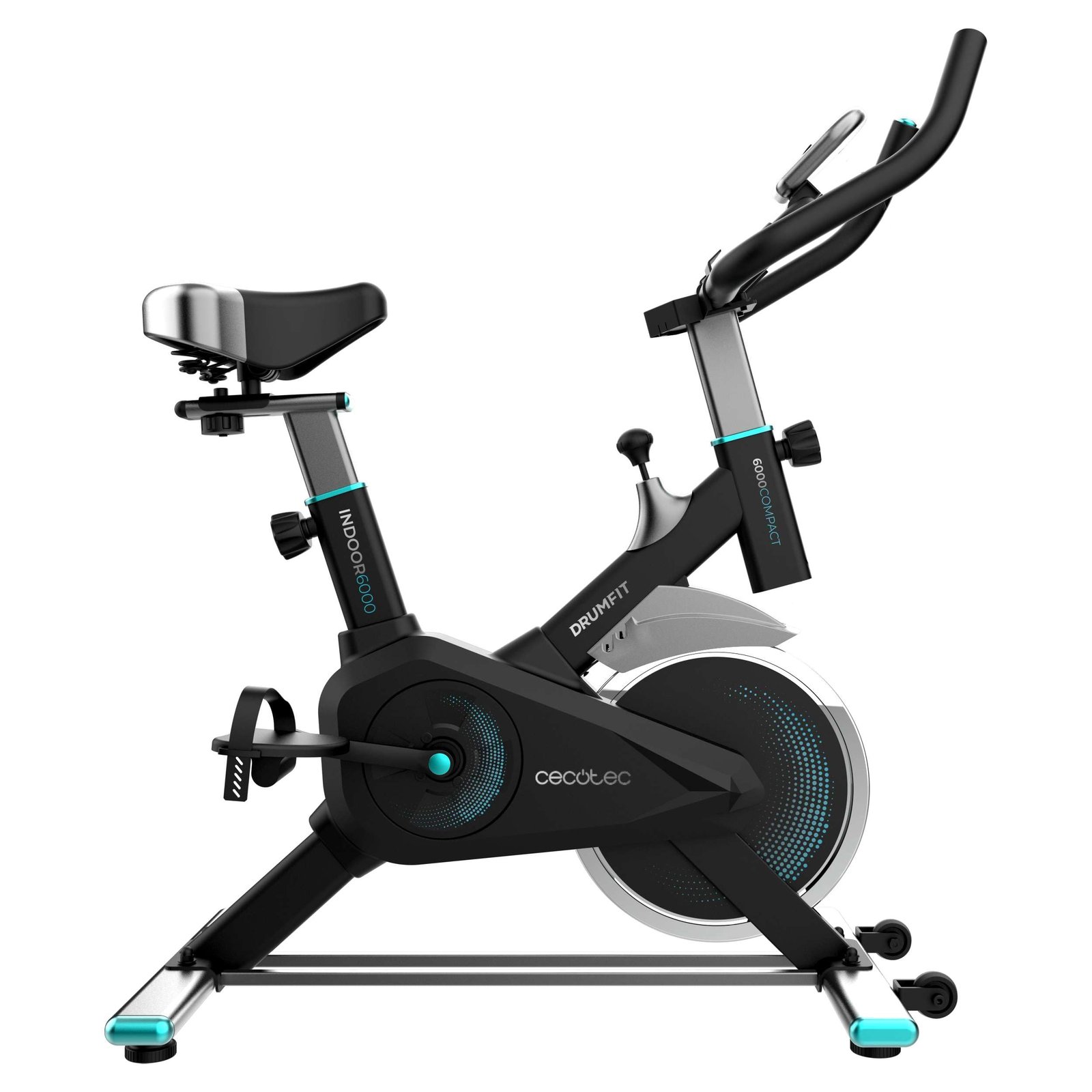Cecotec Bicicleta Estática Indoor DrumFit Indoor, Volante de inercia de 6 a 13 Kg, Resistencia Manual, Monitor LCD, Pulsómetro, Soporte de Dispositivos, Botella, Porta Botellas y Calapiés