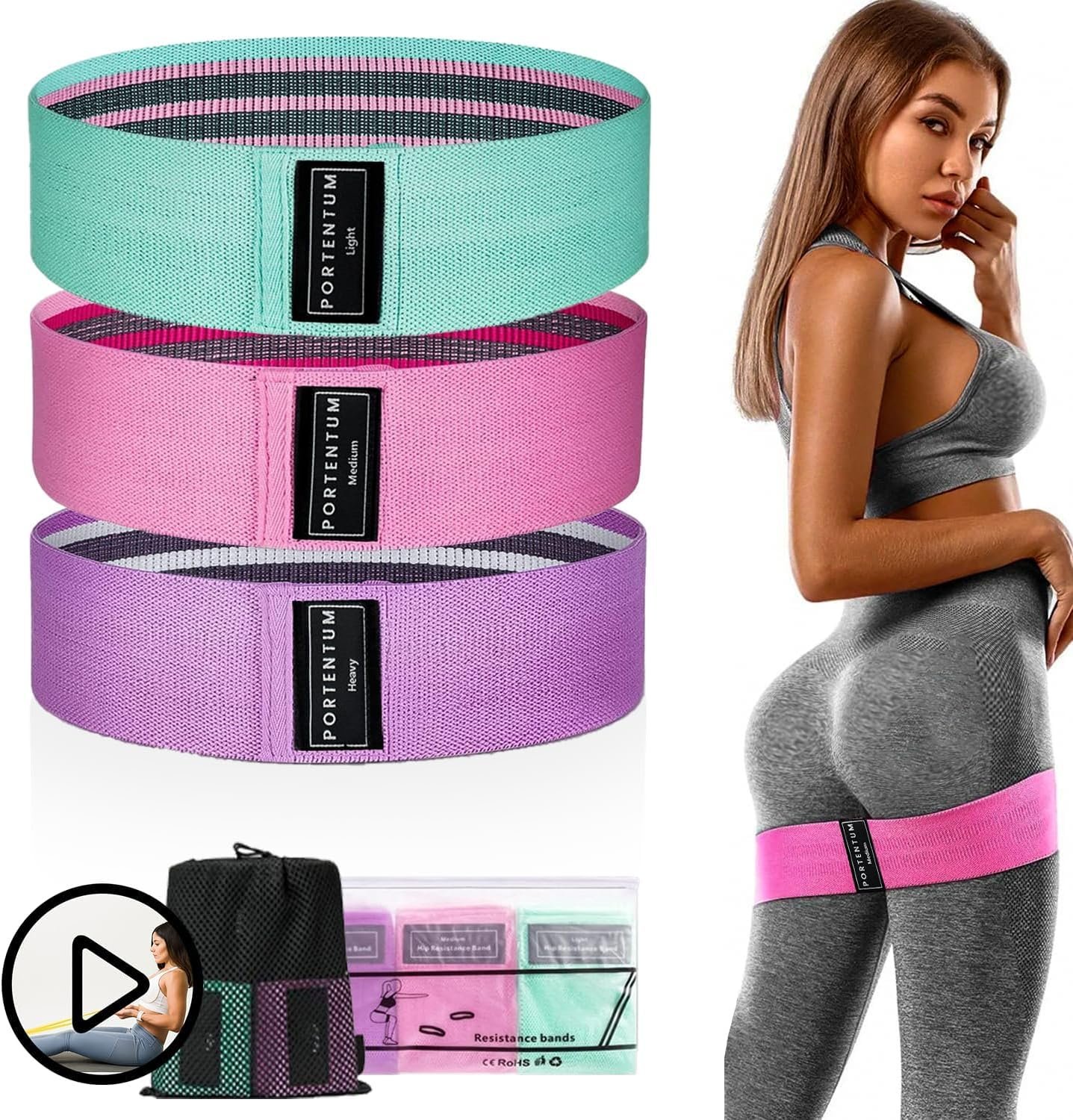 PORTENTUM Cintas elasticas musculacion, Set de 3 Bandas elásticas Fitness Antideslizantes de Tela. 3 Niveles de Resistencia para Crossfit, Yoga, Glúteos y Otros Deportes y Bolsa de Almacenamiento.