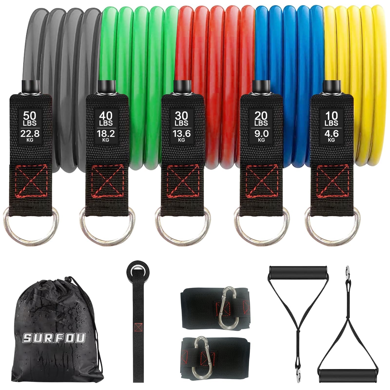 SURFOU Gomas Elasticas Musculacion 4 Niveles,Bandas de Resistencia con Anclaje para Puerta, 2 Asas, Bolsa y Guía, para Estiramiento, Yoga, Pilates y Entrenamiento de Fuerza