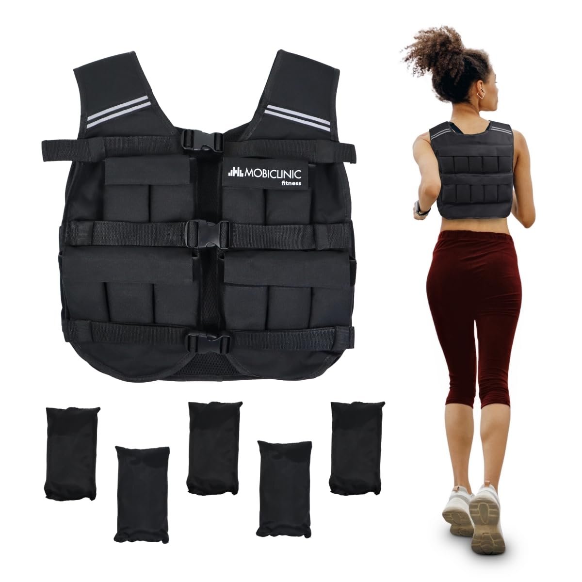 Mobiclinic®, Chaleco Lastrado, 10/20kg, Chaleco de Peso, Ajustable, Resistente, Tela Oxford 600D, Peso Incluido, Bandas Reflectantes, Transpirable, Chaleco Con Pesas Para Entrenamiento Fitness, Iron